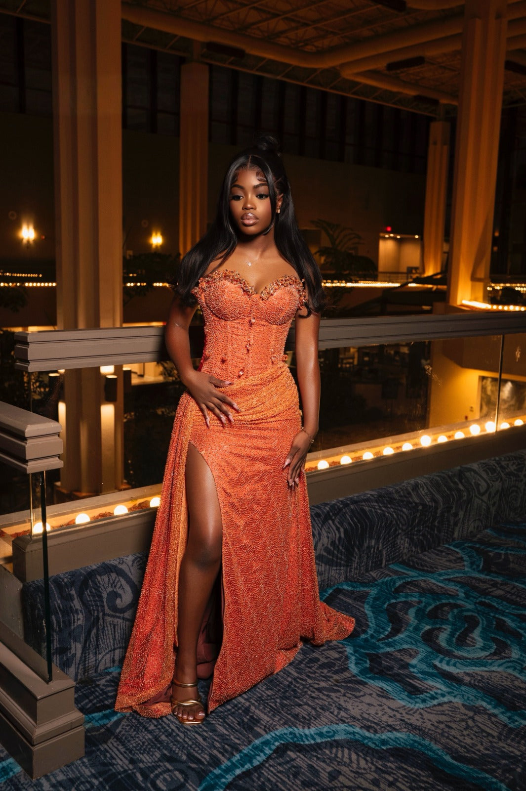 Amazing Long Orange Strapless Sequined Prom Dress with Slit