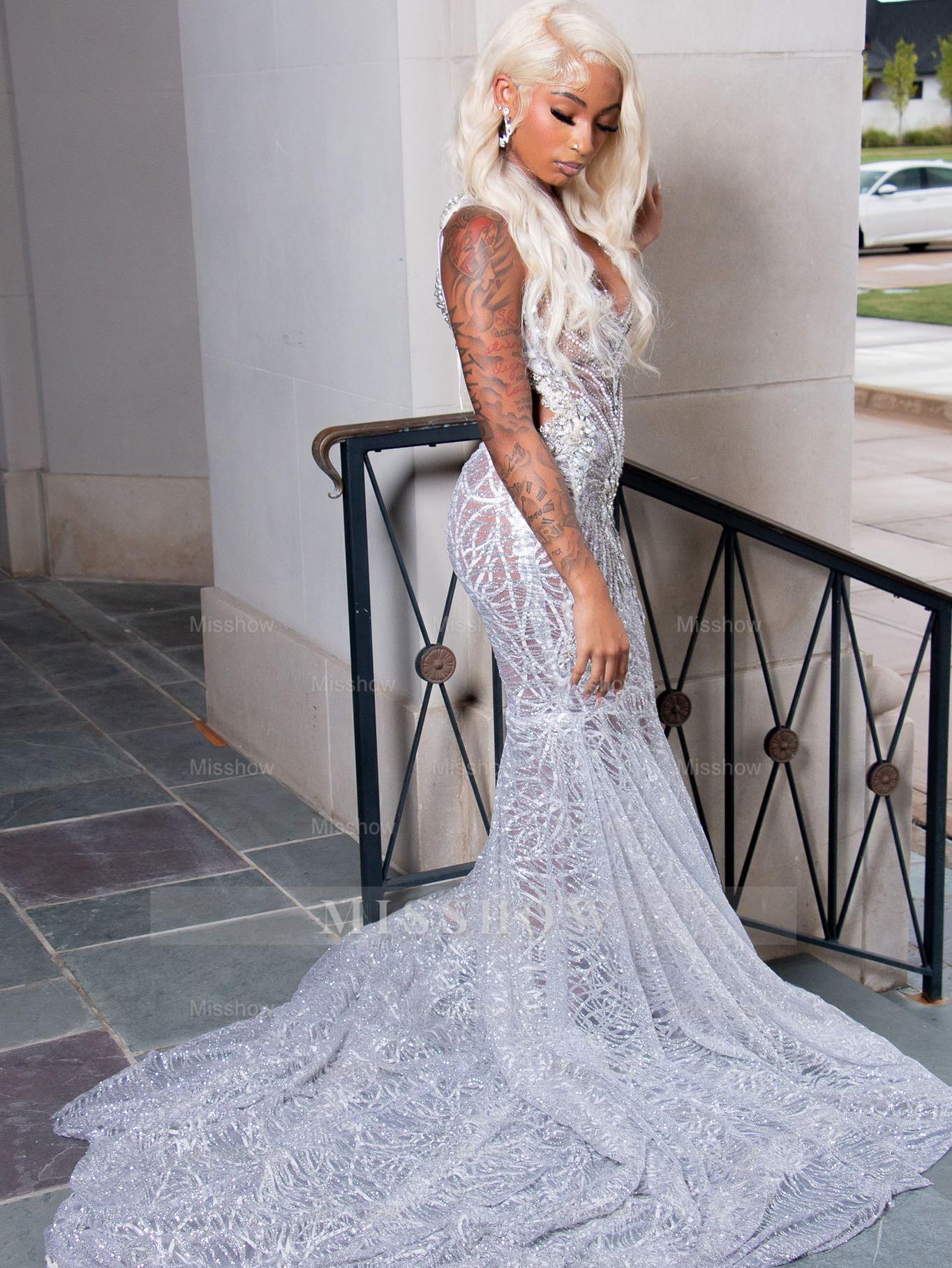 Amazing Long Silver Sleeveless Mermaid Dress with Appliques and Rhinestones