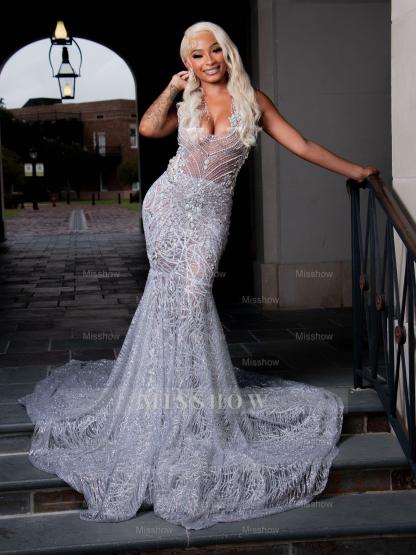 Amazing Long Silver Sleeveless Mermaid Dress with Appliques and Rhinestones