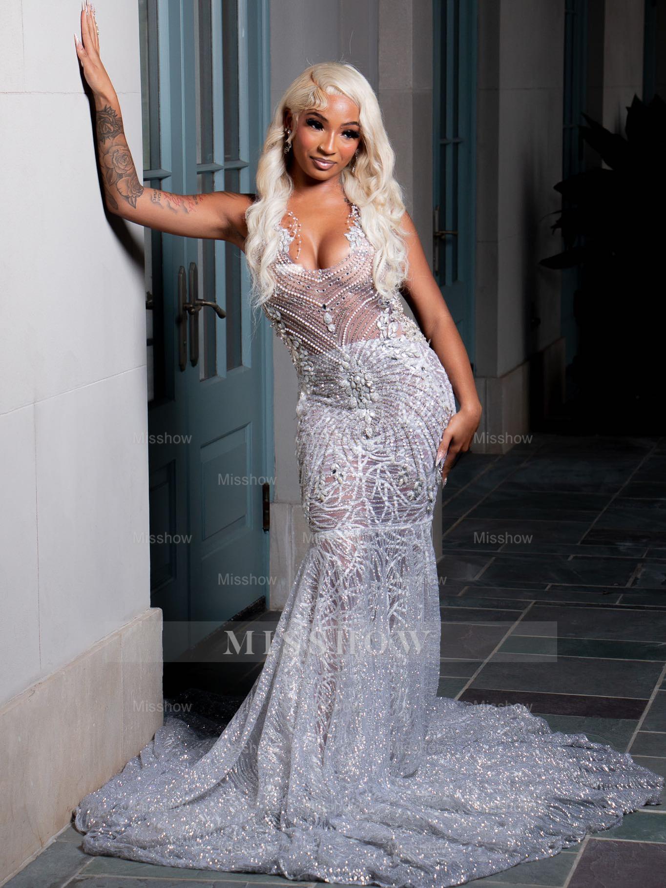 Amazing Long Silver Sleeveless Mermaid Dress with Appliques and Rhinestones