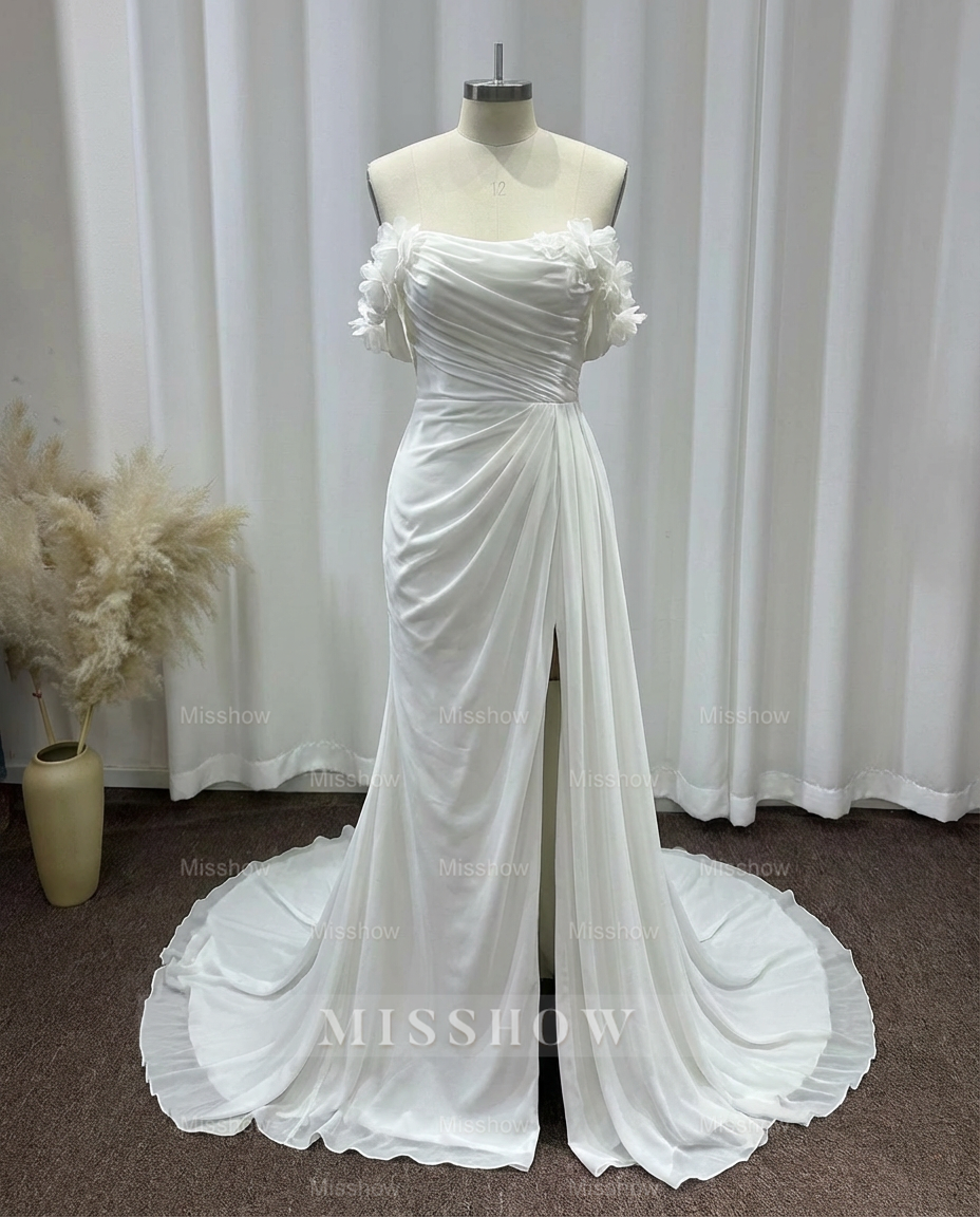 Amazing Long White Off-the-shoulder A-line Sleeveless Wedding Dress with Slit