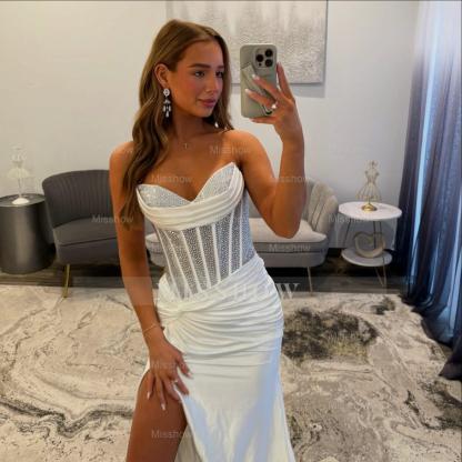 Amazing Long White Sweetheart Mermaid Prom Dress with Slit and Rhinestones