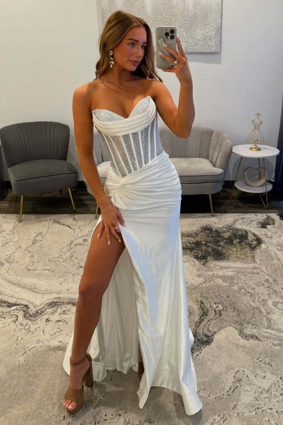 Amazing Long White Sweetheart Mermaid Prom Dress with Slit and Rhinestones