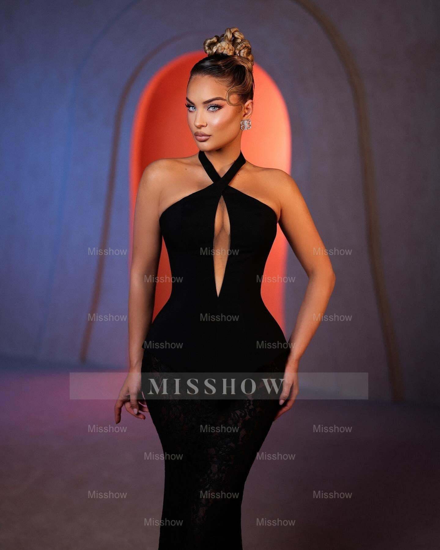 Amazing Mermaid Halter Sleeveless Lace Black Prom Dresses