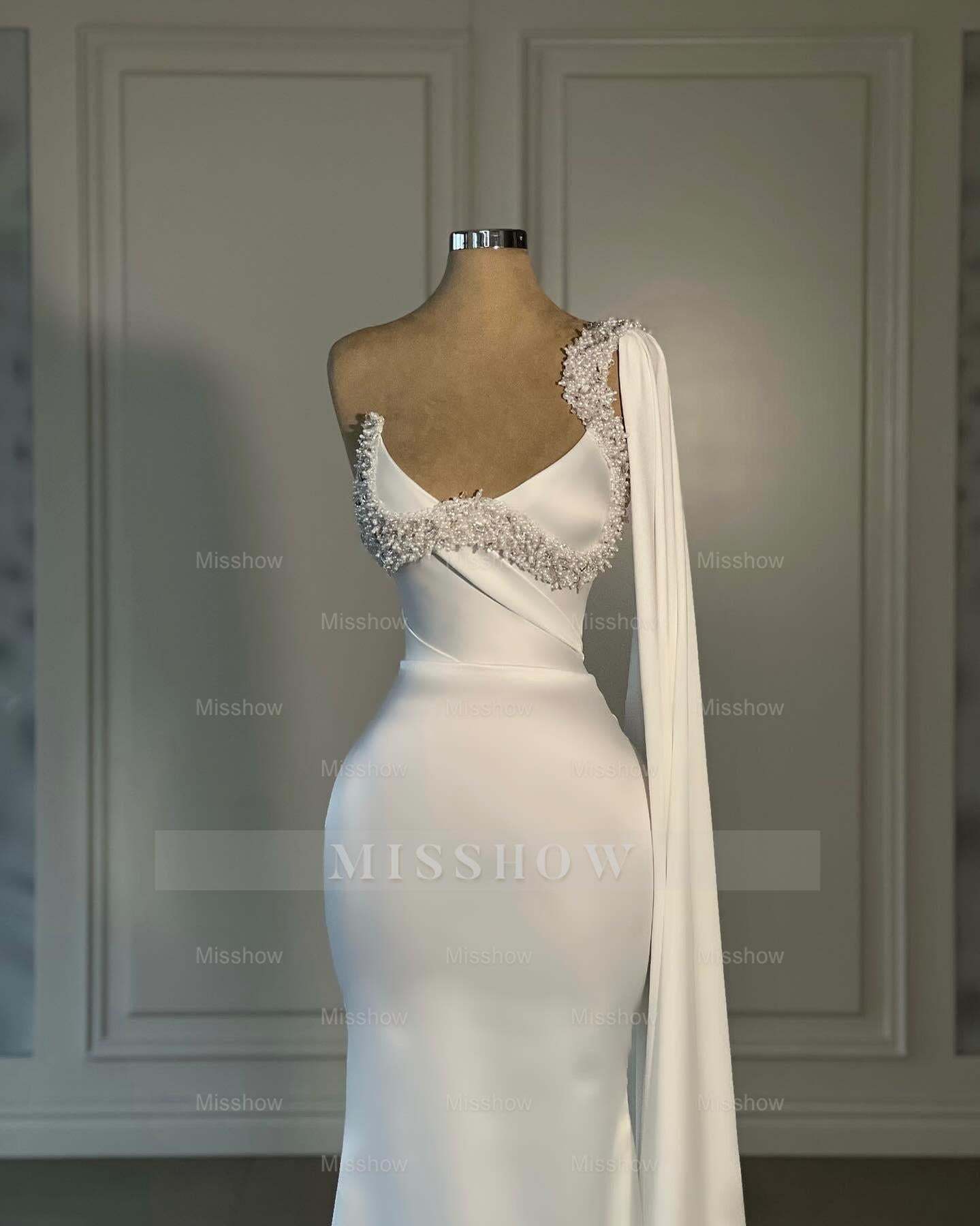 Amazing Mermaid Satin One Shoulder Sleeveless White Wedding Dress With Rhinestone