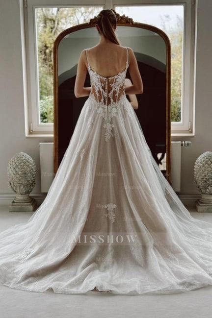 Amazing White A-Line Spaghetti Strap Sleeveless Beaded Cathedral Train Lace Long Tulle Wedding Dresses With Appliques