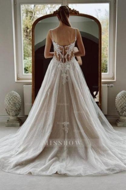 Amazing White A-Line Spaghetti Strap Sleeveless Beaded Cathedral Train Lace Long Tulle Wedding Dresses With Appliques