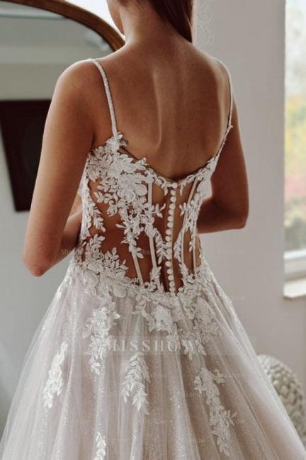 Amazing White A-Line Spaghetti Strap Sleeveless Beaded Cathedral Train Lace Long Tulle Wedding Dresses With Appliques