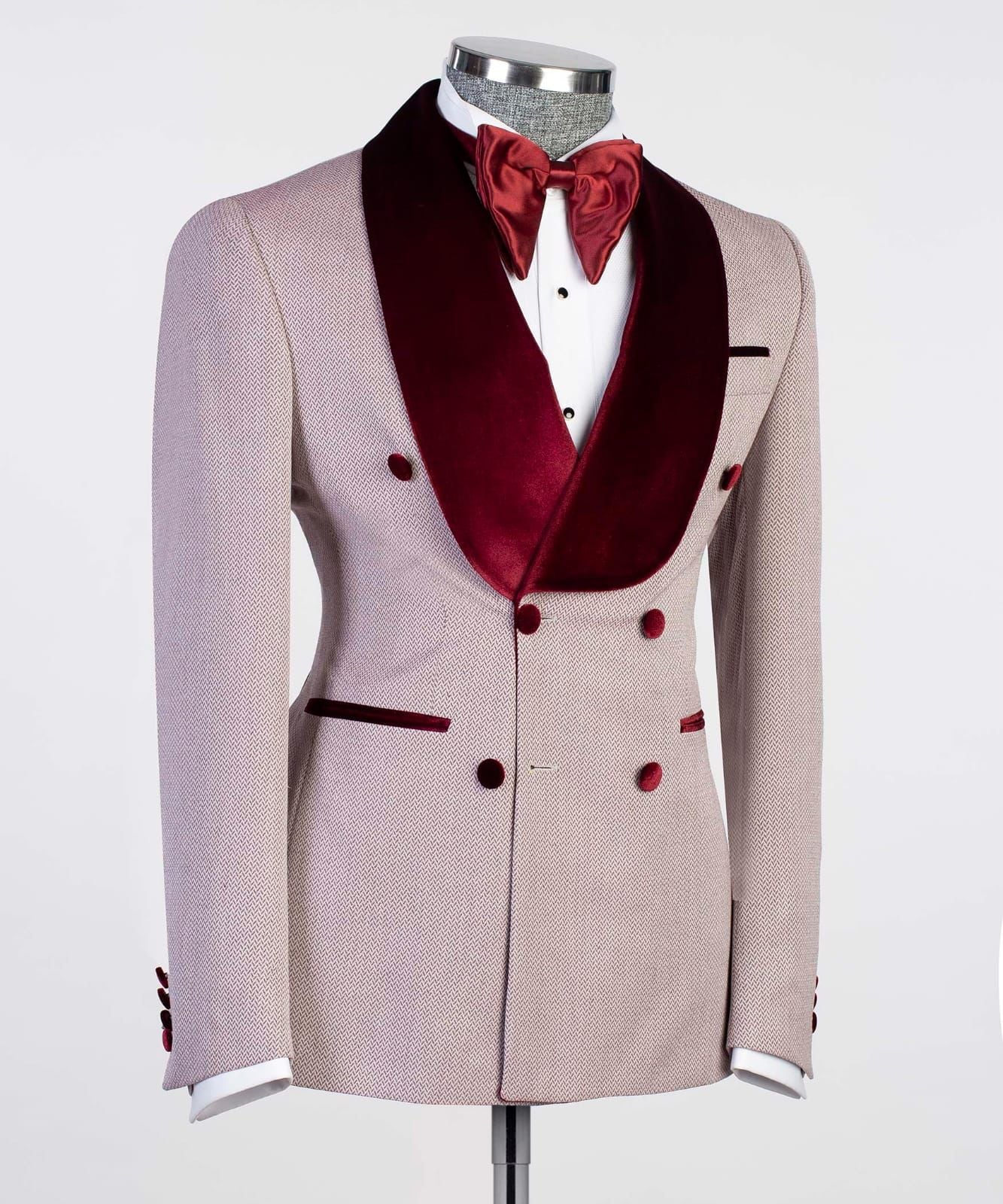 New Double Breasted Fashion Prom Suits with Burgundy Shawl Lapel