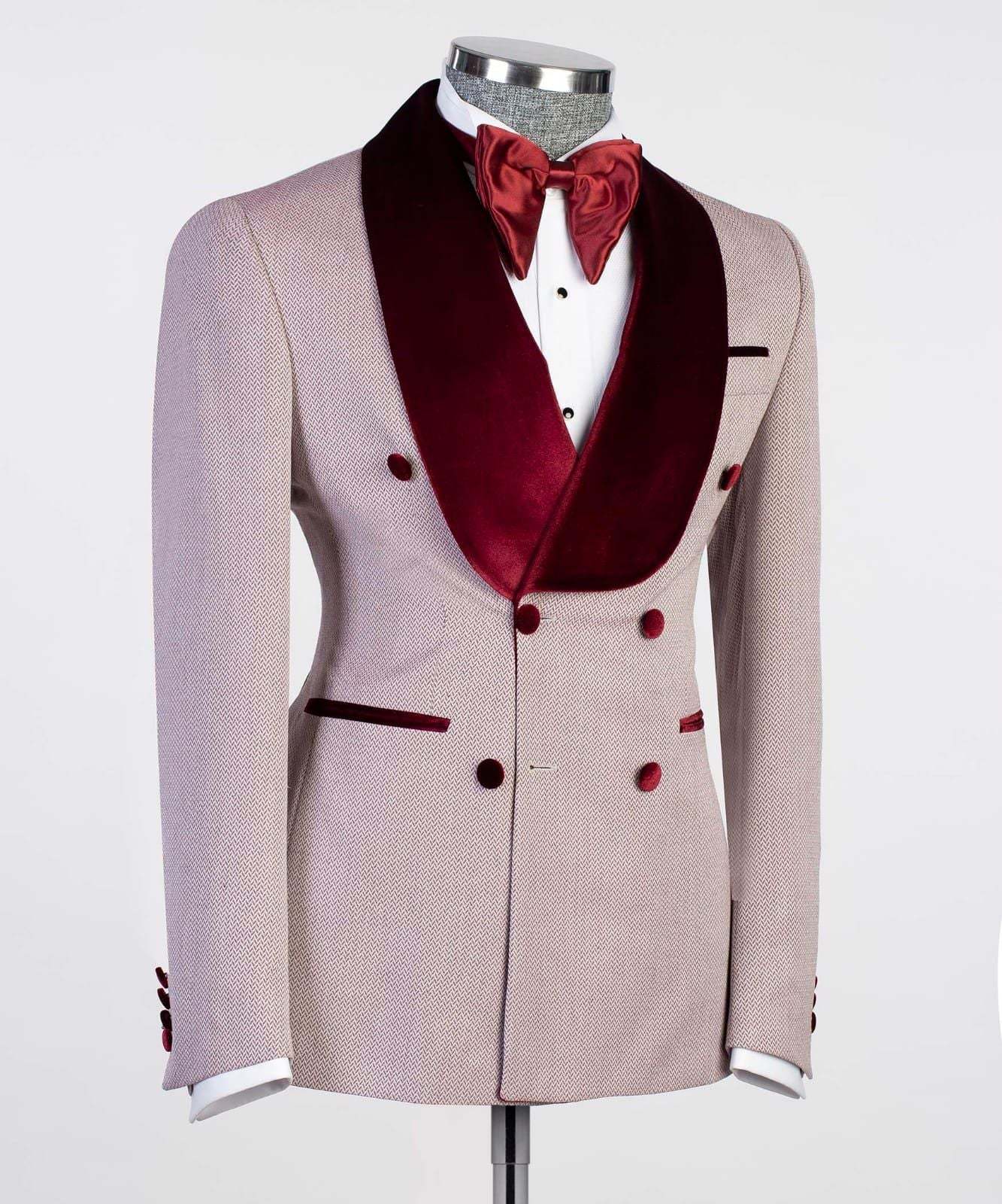 New Double Breasted Fashion Prom Suits with Burgundy Shawl Lapel