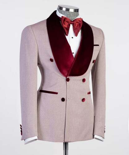 New Double Breasted Fashion Prom Suits with Burgundy Shawl Lapel