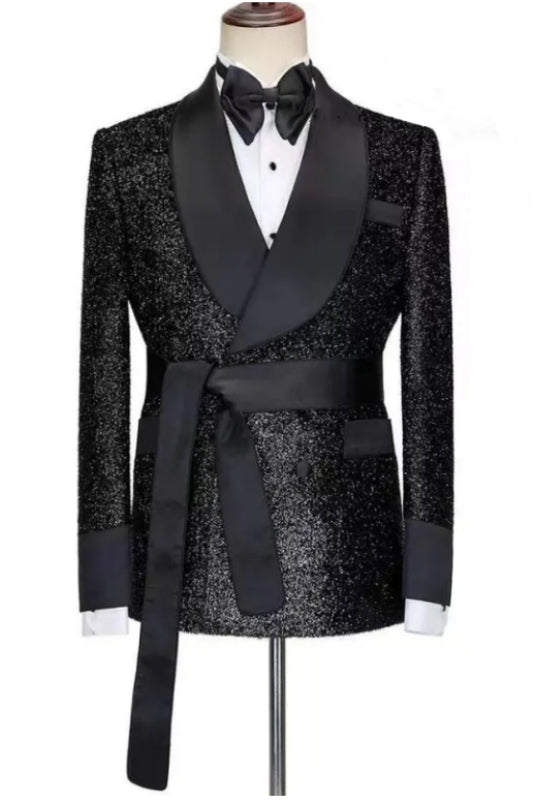 Stylish Black Shawl Collar Two-Piece Sequined Wedding Ensemble
