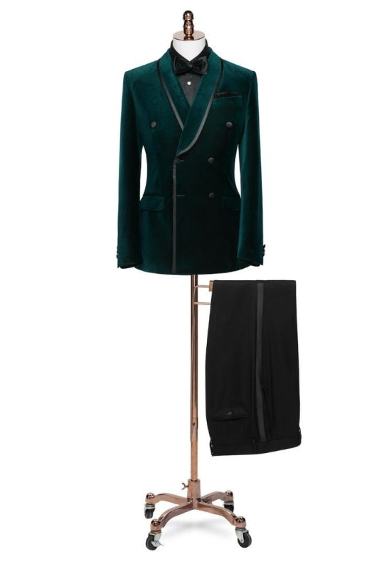 Tailored Dark Green Shawl Lapel Double-Breasted Velvet Suit