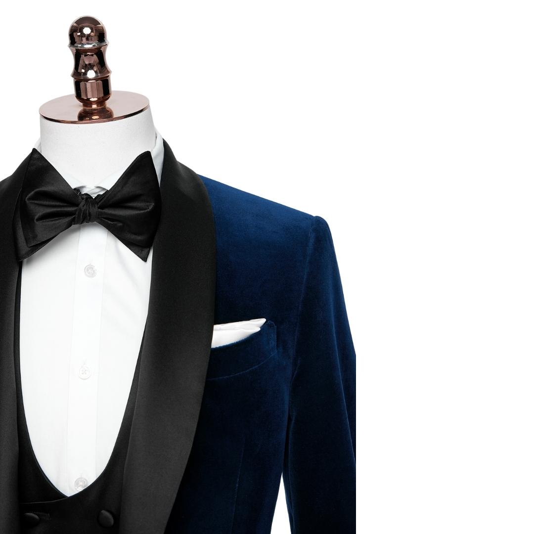 Stylish Navy Blue Shawl Lapel Three-Piece Velvet Suit