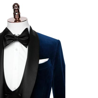 Stylish Navy Blue Shawl Lapel Three-Piece Velvet Suit
