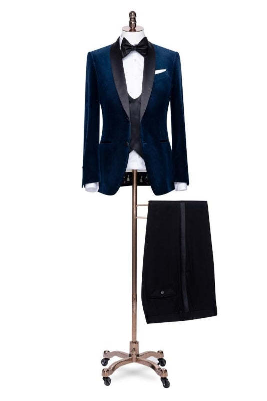 Stylish Navy Blue Shawl Lapel Three-Piece Velvet Suit