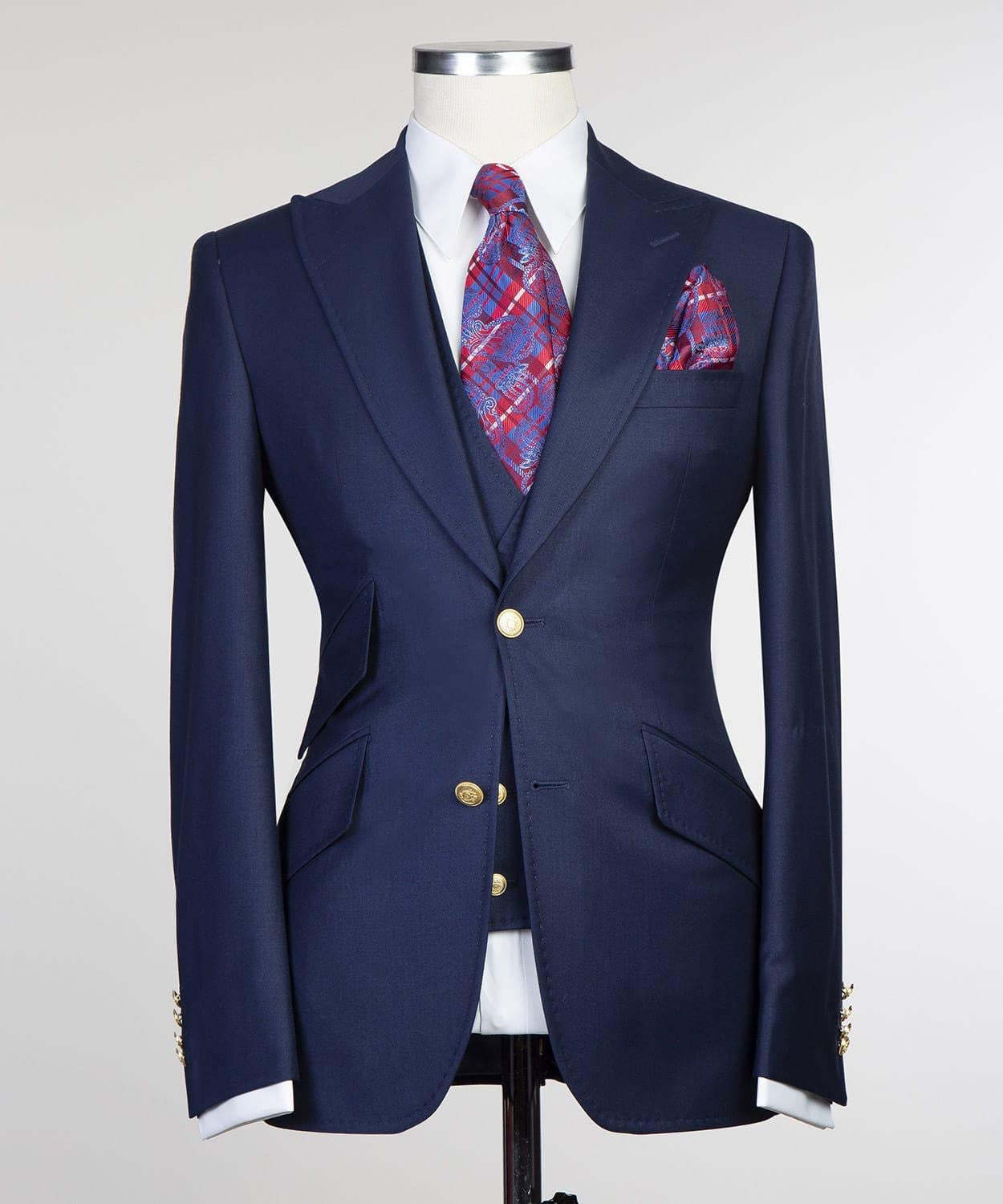 Dark Navy Stylish Peak Lapel Three-Piece Men’s Suits