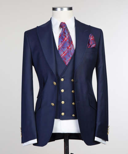 Dark Navy Stylish Peak Lapel Three-Piece Men’s Suits
