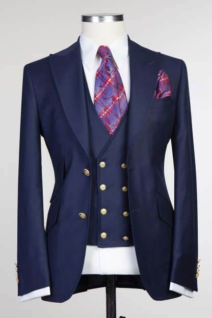 Dark Navy Stylish Peak Lapel Three-Piece Men’s Suits