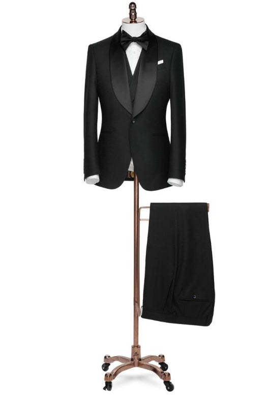 Formal Black Shawl Lapel Three-Piece Suit for Weddings