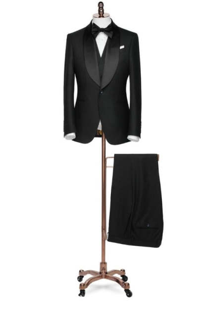 Formal Black Shawl Lapel Three-Piece Suit for Weddings