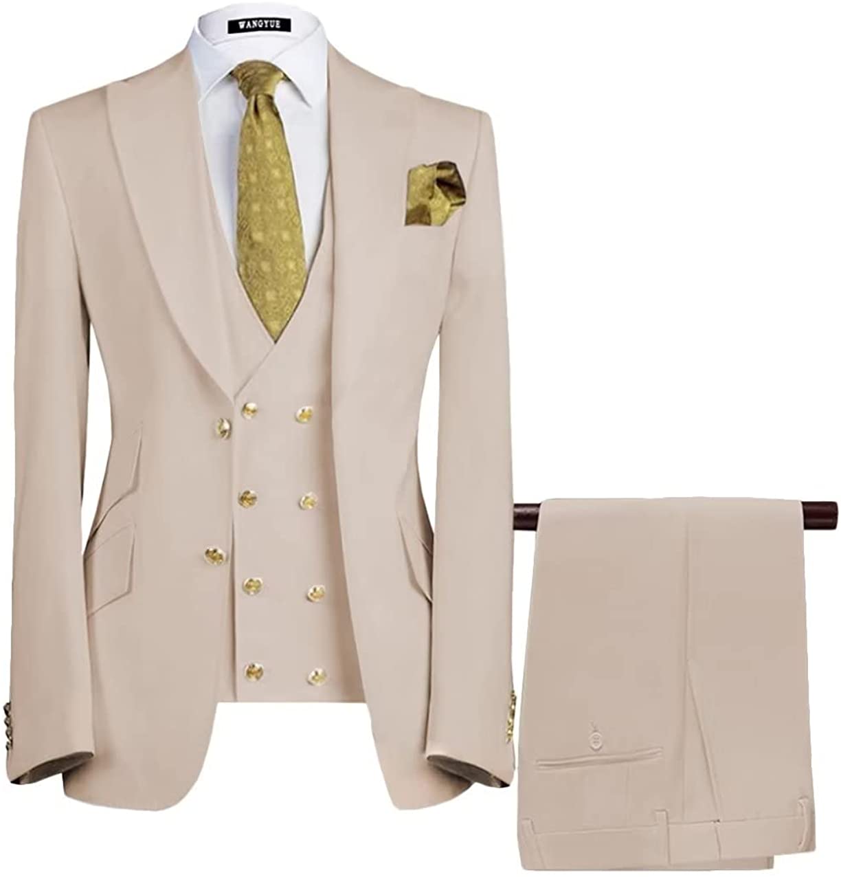 Deluxe Beige Three-Piece Peaked Lapel Prom Suit For Men