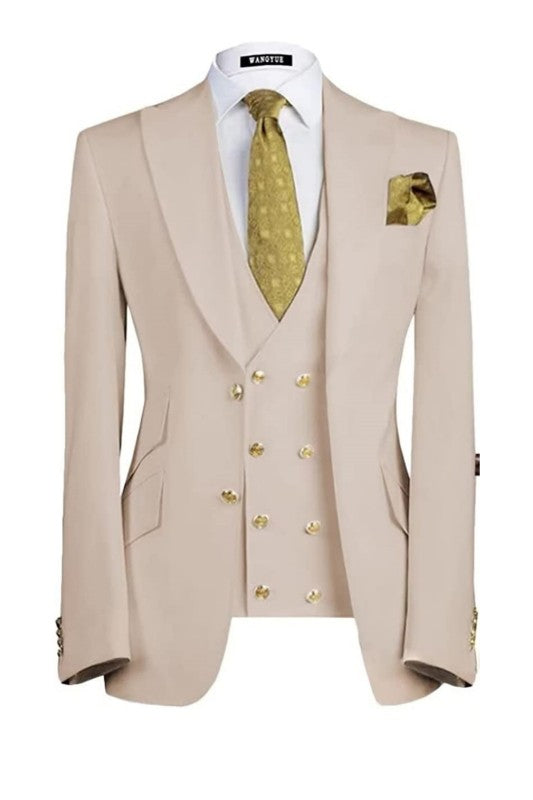 Deluxe Beige Three-Piece Peaked Lapel Prom Suit For Men