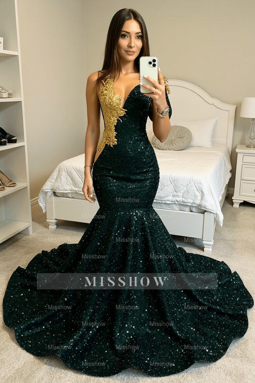 Asymmetric Dark Green Sequins Mermaid Prom Dress Gold 3D Crystals Bodycon Party Gown
