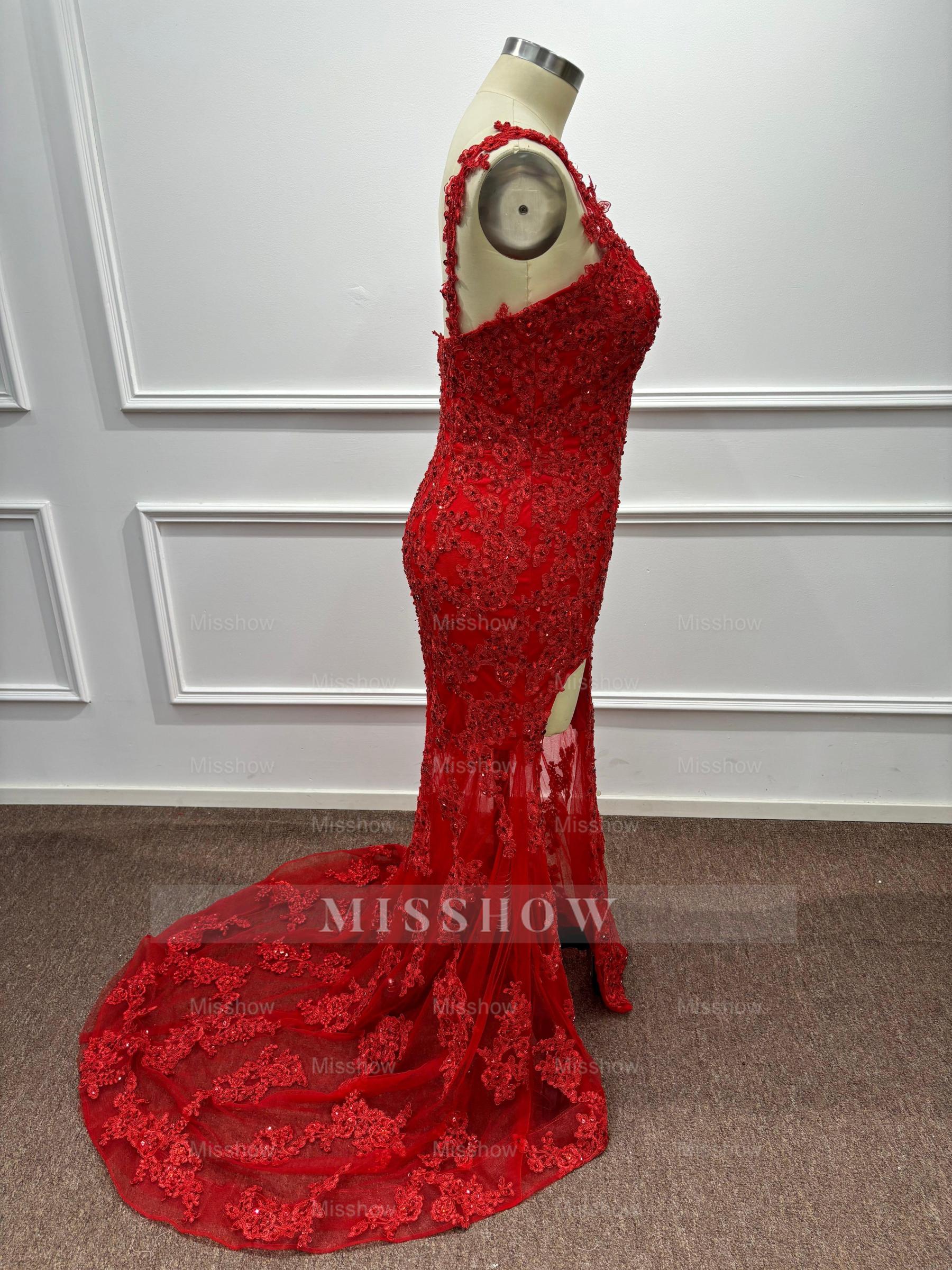 Asymmetric Red One Shoulder Lace Mermaid Prom Dress with Slit
