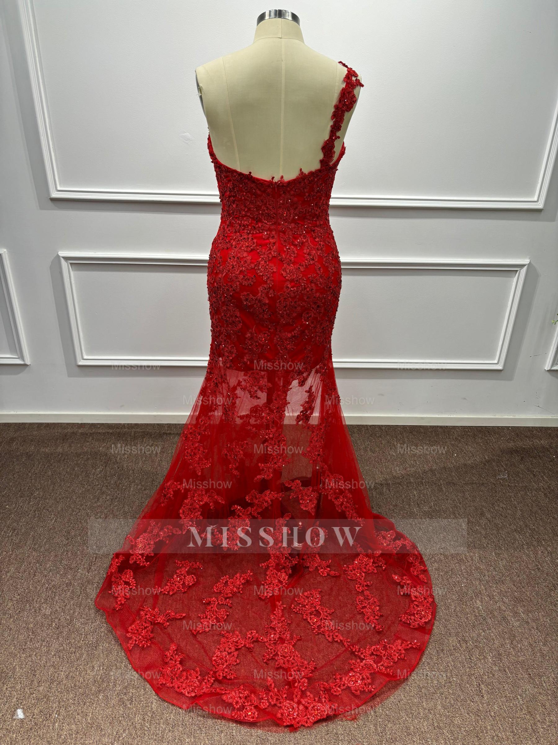 Asymmetric Red One Shoulder Lace Mermaid Prom Dress with Slit