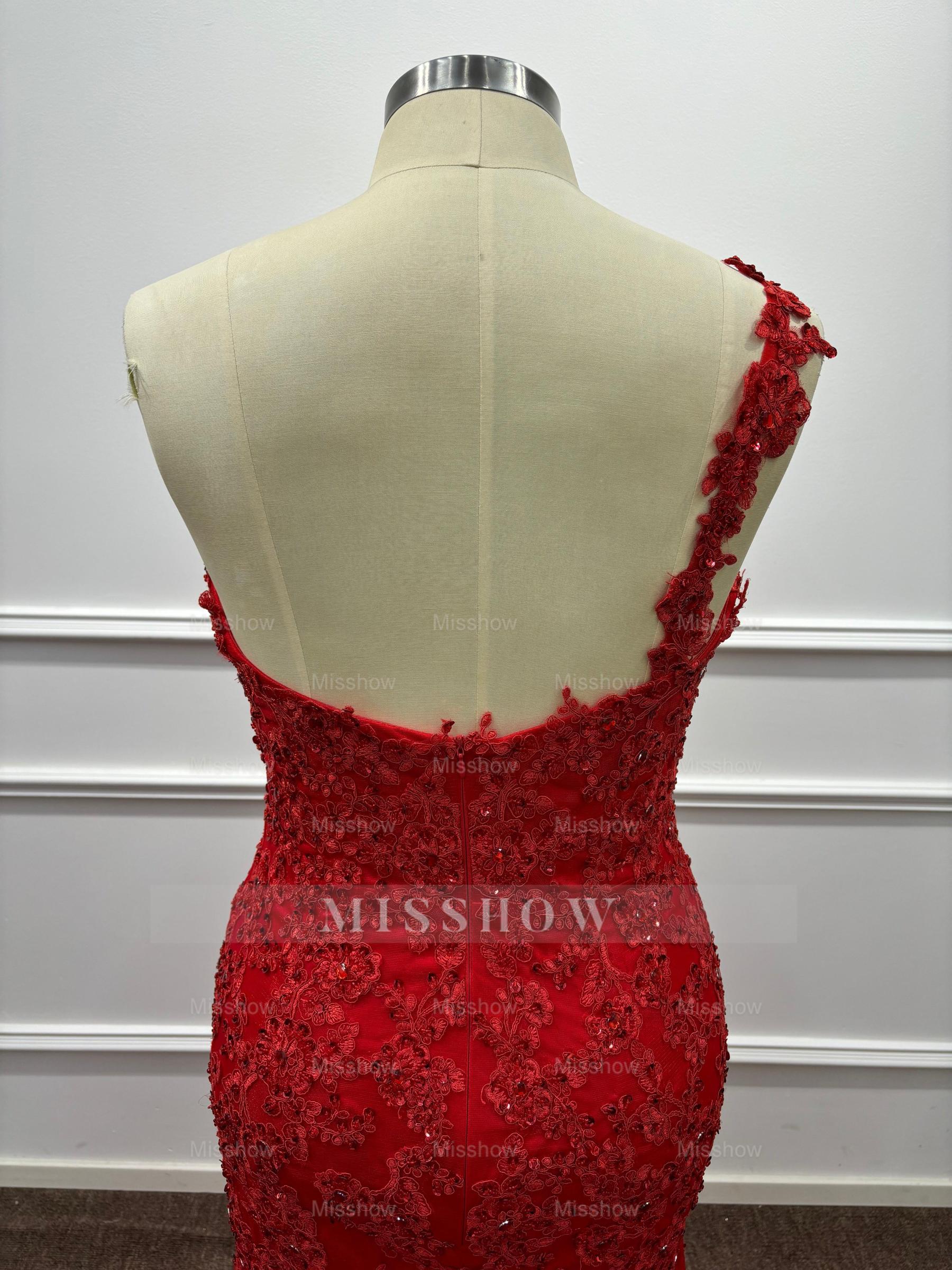 Asymmetric Red One Shoulder Lace Mermaid Prom Dress with Slit