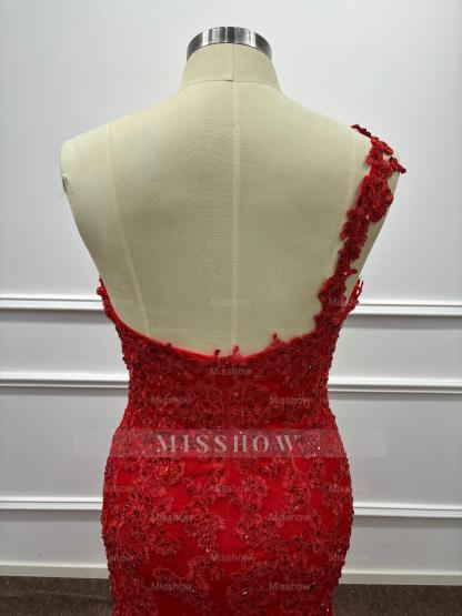 Asymmetric Red One Shoulder Lace Mermaid Prom Dress with Slit