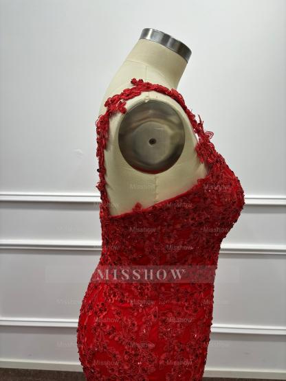 Asymmetric Red One Shoulder Lace Mermaid Prom Dress with Slit