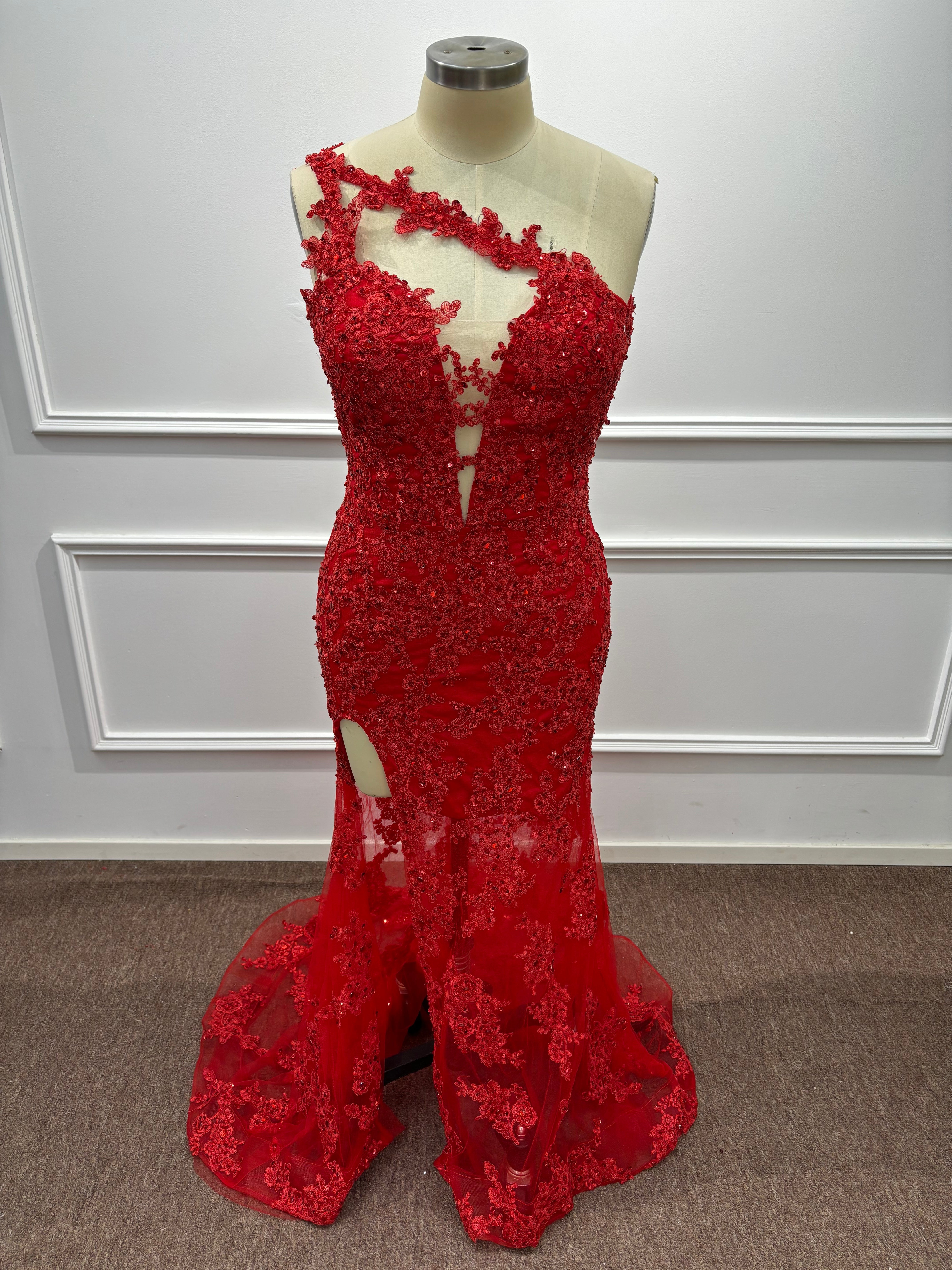 Asymmetric Red One Shoulder Lace Mermaid Prom Dress with Slit