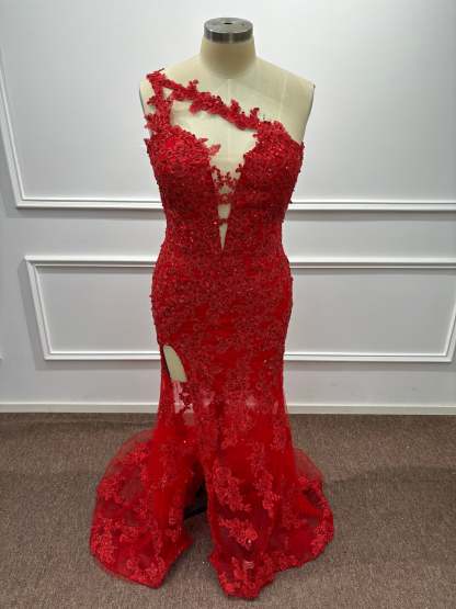 Asymmetric Red One Shoulder Lace Mermaid Prom Dress with Slit