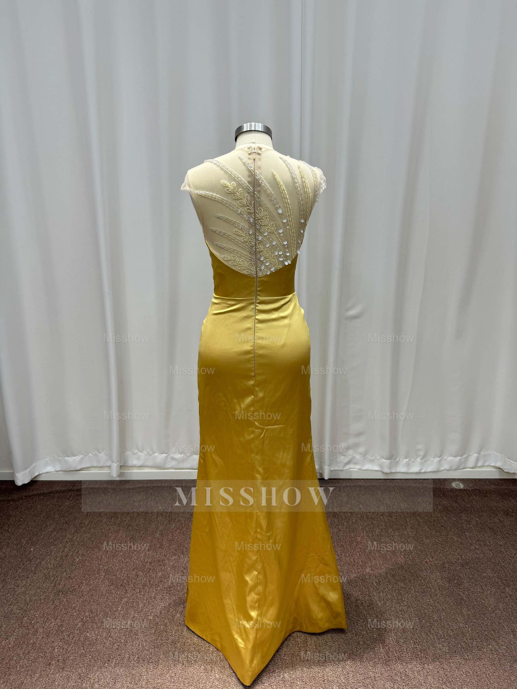 Asymmetric Yellow Strapless Beaded Column Evening Dress with Slit