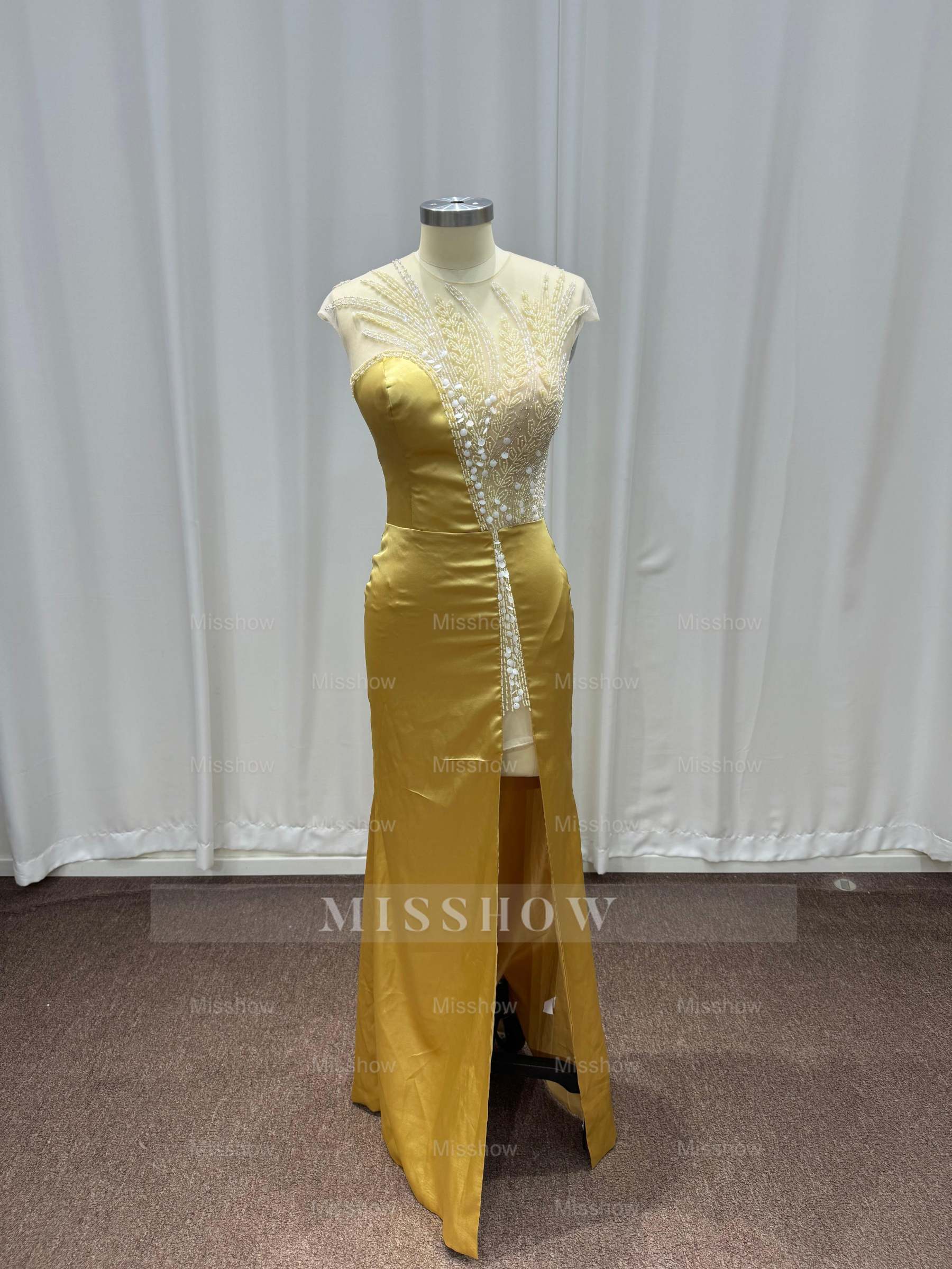 Asymmetric Yellow Strapless Beaded Column Evening Dress with Slit