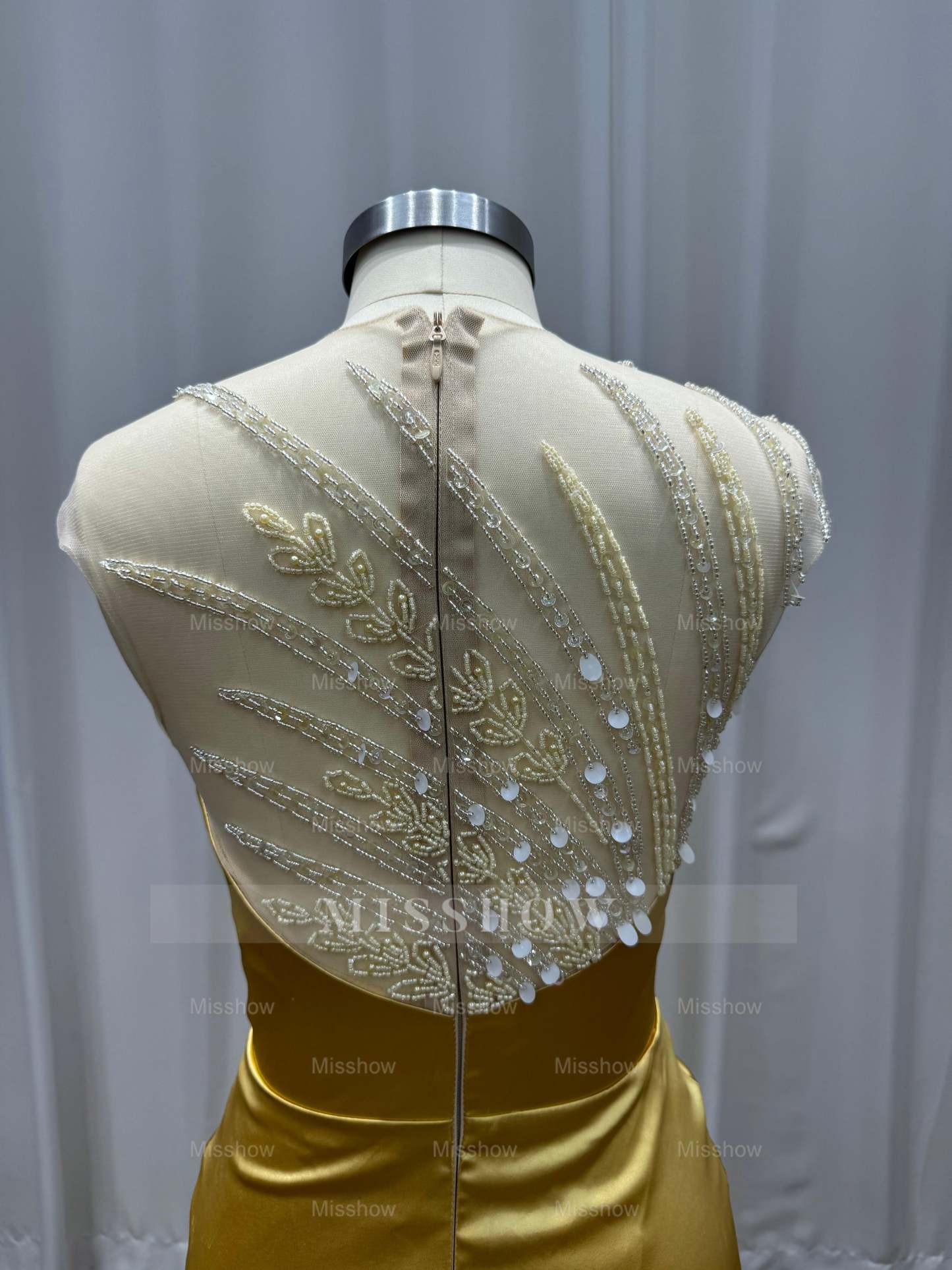 Asymmetric Yellow Strapless Beaded Column Evening Dress with Slit