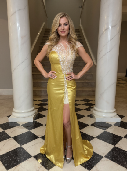 Asymmetric Yellow Strapless Beaded Column Evening Dress with Slit
