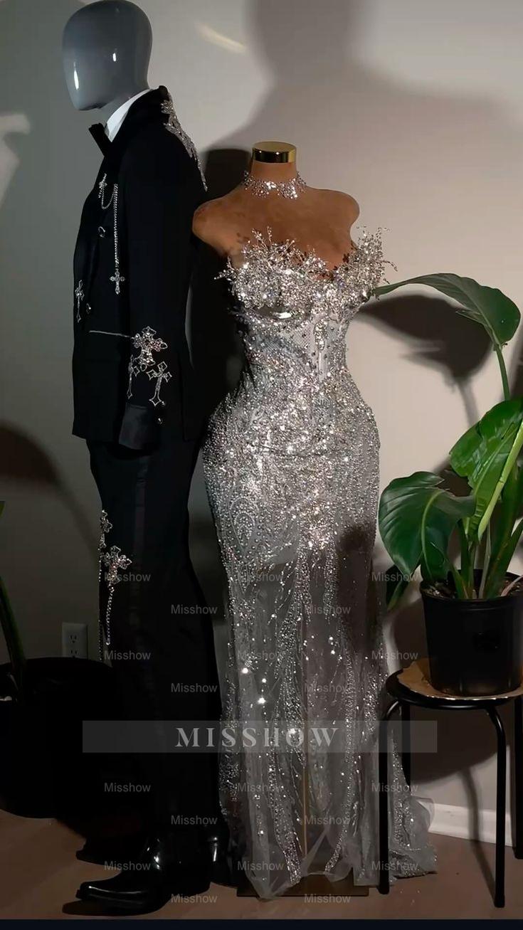 Atrractive Strapless Mermaid Corset Lace Long Silver Prom Dress with Beads
