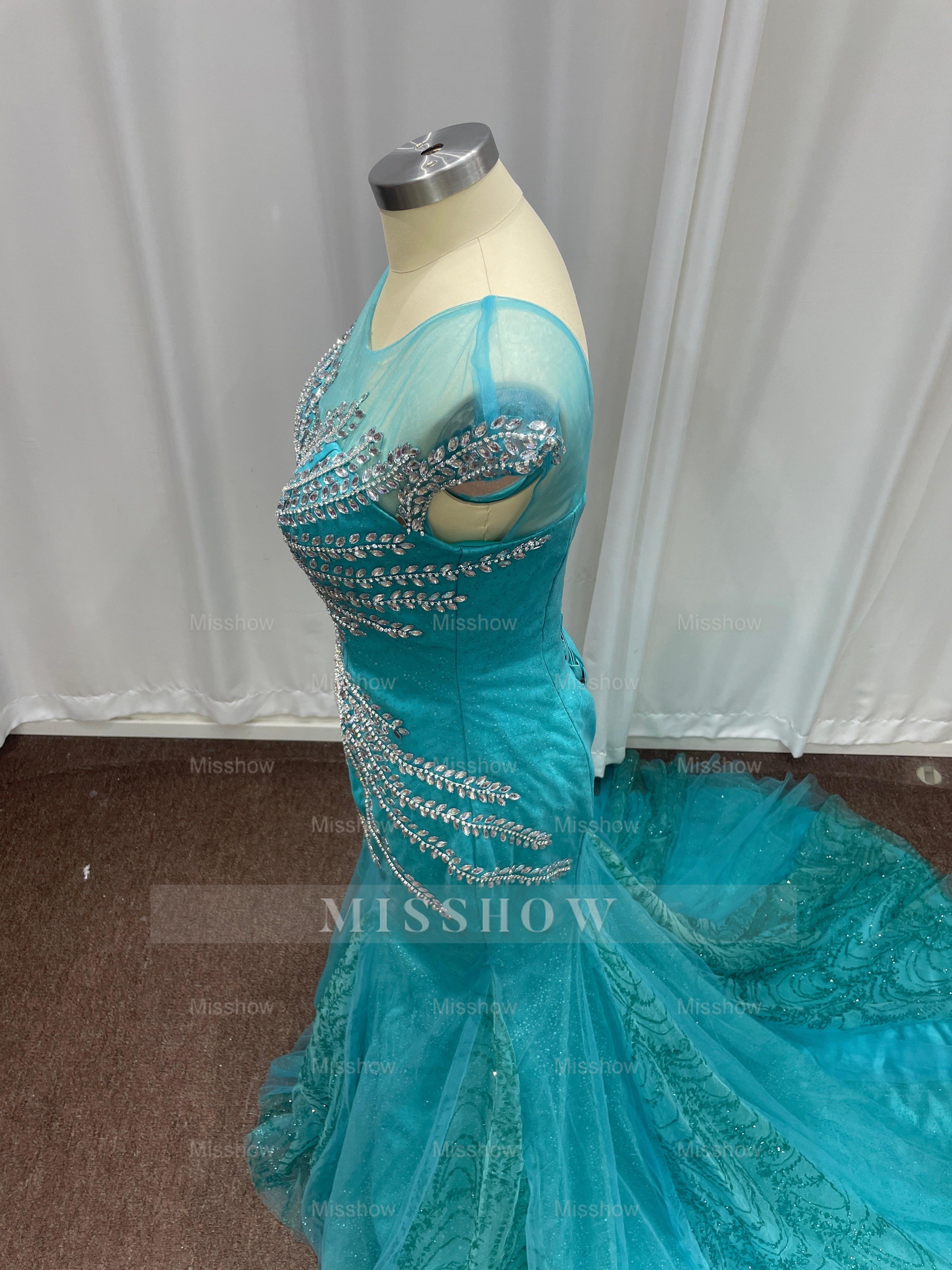 Attractive Blue Off-the-Shoulder Sweetheart Mermaid Evening Dresses with Rhinestones