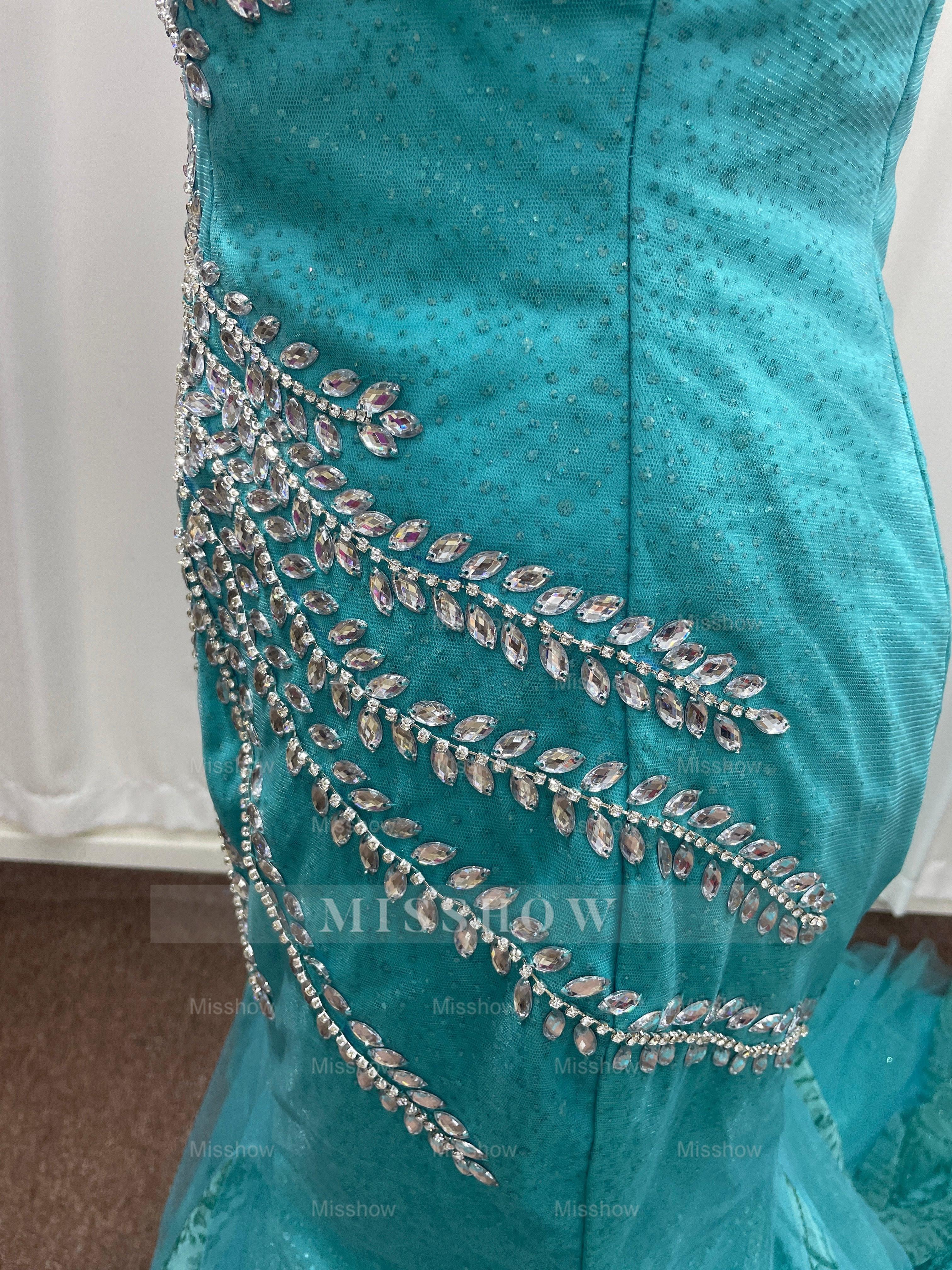 Attractive Blue Off-the-Shoulder Sweetheart Mermaid Evening Dresses with Rhinestones