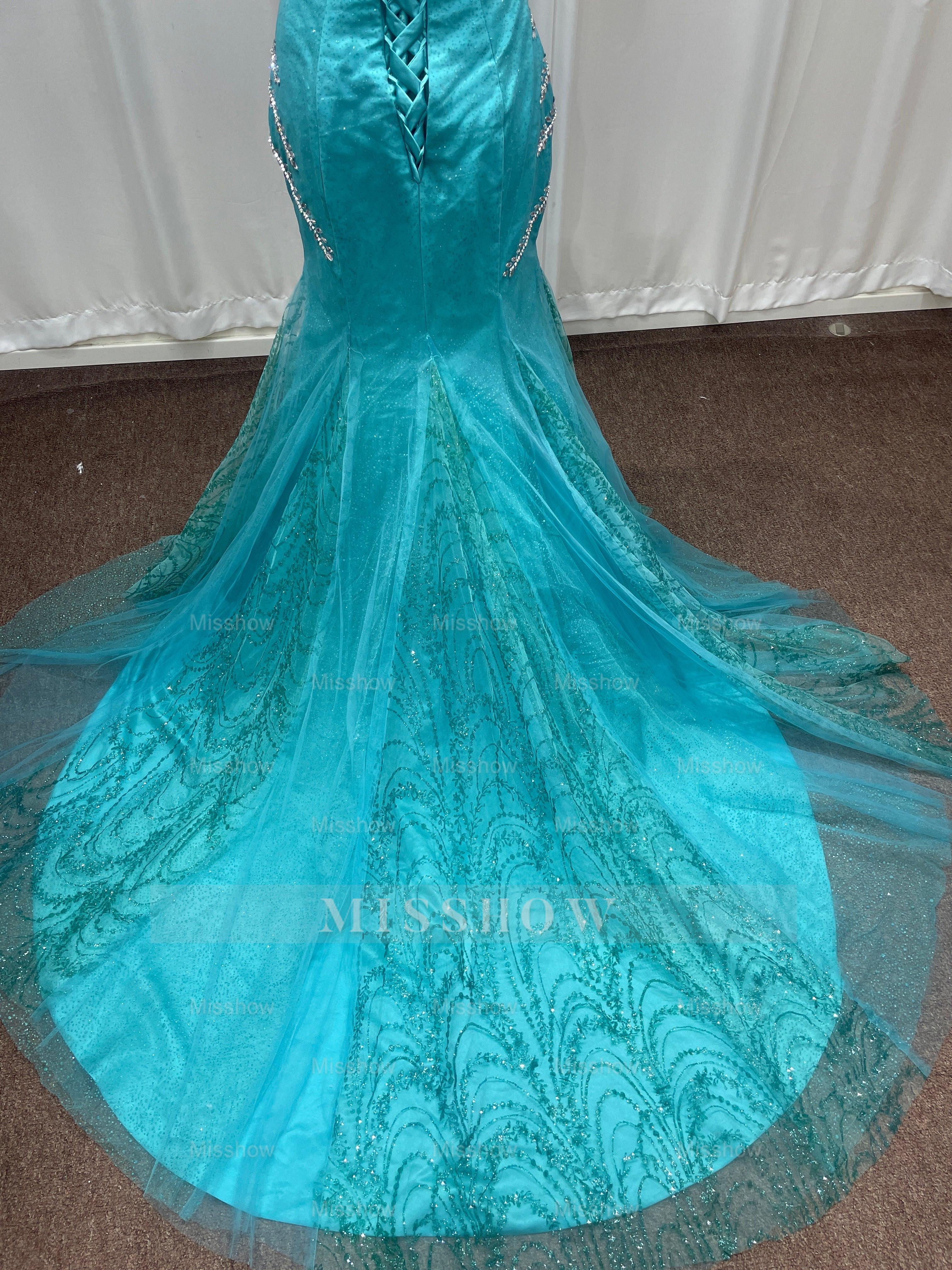 Attractive Blue Off-the-Shoulder Sweetheart Mermaid Evening Dresses with Rhinestones