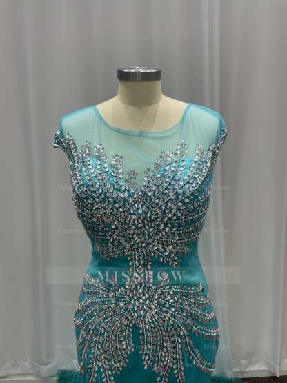 Attractive Blue Off-the-Shoulder Sweetheart Mermaid Evening Dresses with Rhinestones