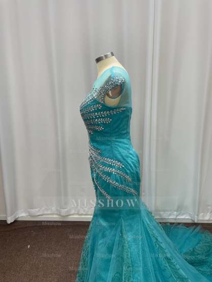 Attractive Blue Off-the-Shoulder Sweetheart Mermaid Evening Dresses with Rhinestones