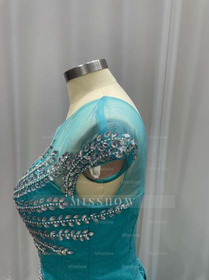 Attractive Blue Off-the-Shoulder Sweetheart Mermaid Evening Dresses with Rhinestones