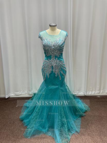 Attractive Blue Off-the-Shoulder Sweetheart Mermaid Evening Dresses with Rhinestones