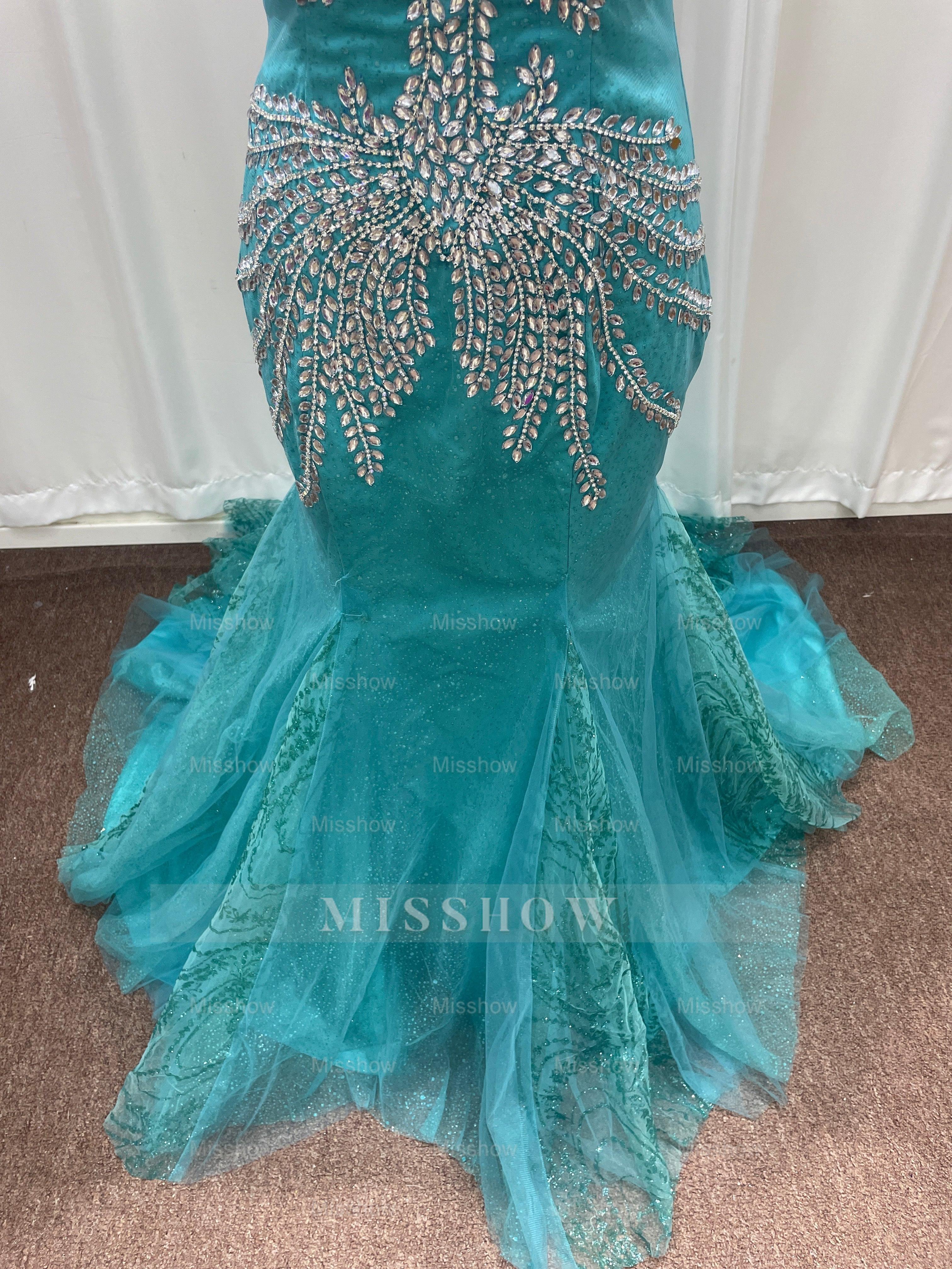 Attractive Blue Off-the-Shoulder Sweetheart Mermaid Evening Dresses with Rhinestones