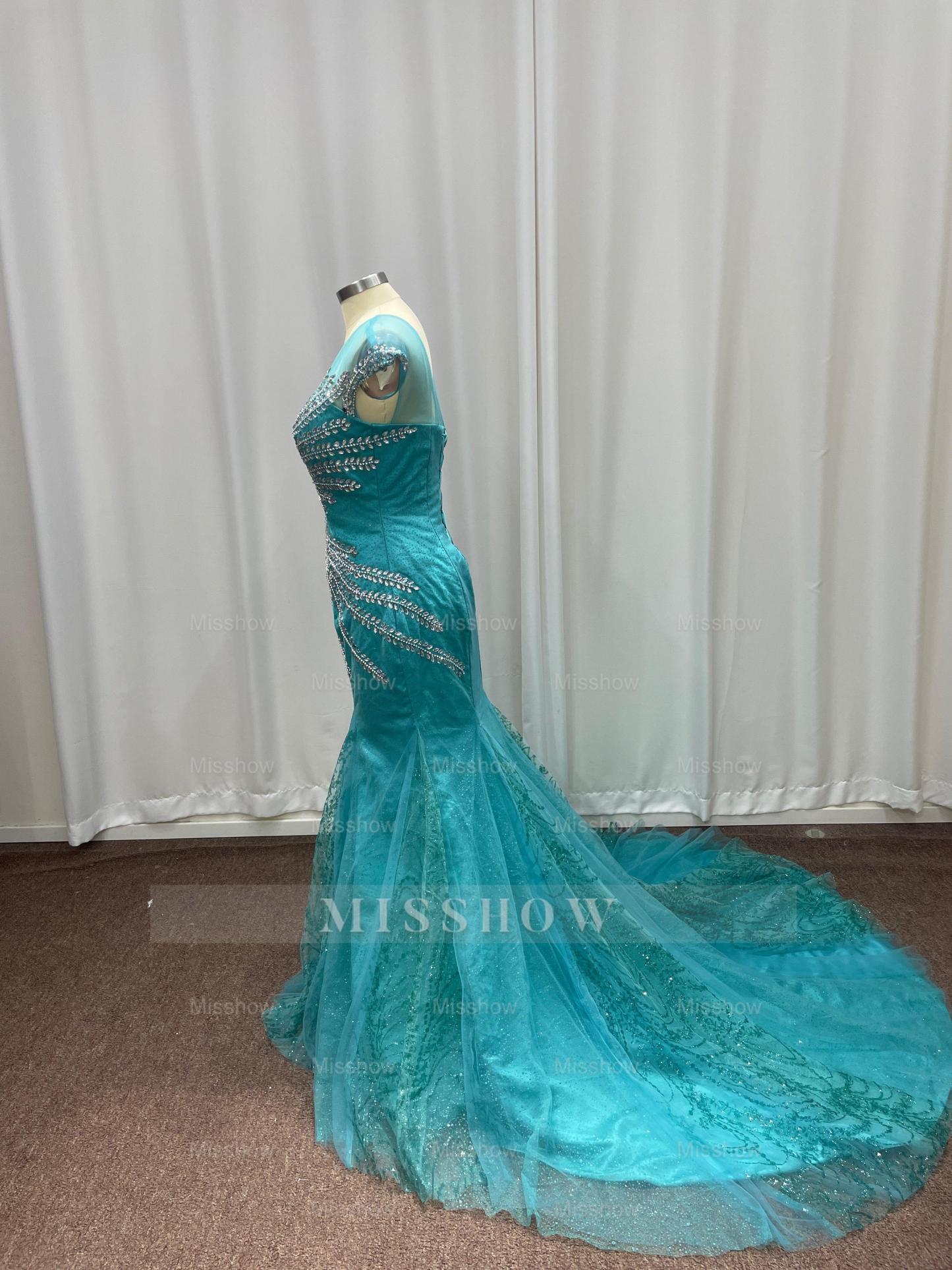 Attractive Blue Off-the-Shoulder Sweetheart Mermaid Evening Dresses with Rhinestones