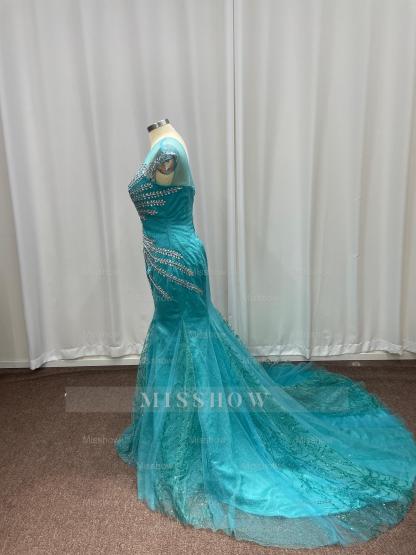 Attractive Blue Off-the-Shoulder Sweetheart Mermaid Evening Dresses with Rhinestones